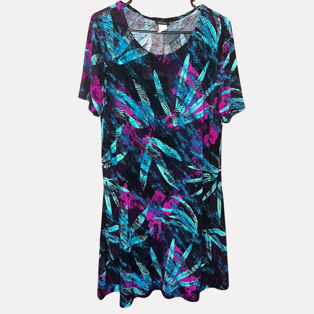Jostar Women's L Black Abstract Midi Dress Blue Purple Print Short Sleeve Boho